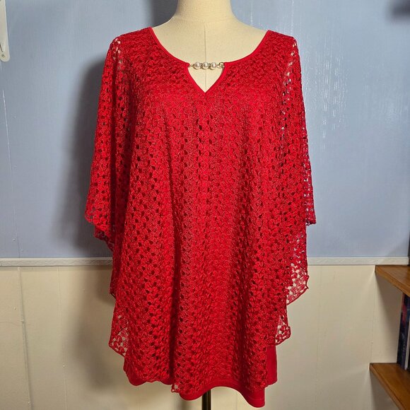 Jade Mood 3X Vibrant Red Tank Top Crocheted Overlay Poncho Shawl - Picture 1 of 10